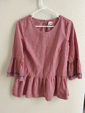 Embroidered Gingham Peplum Blouse - Red